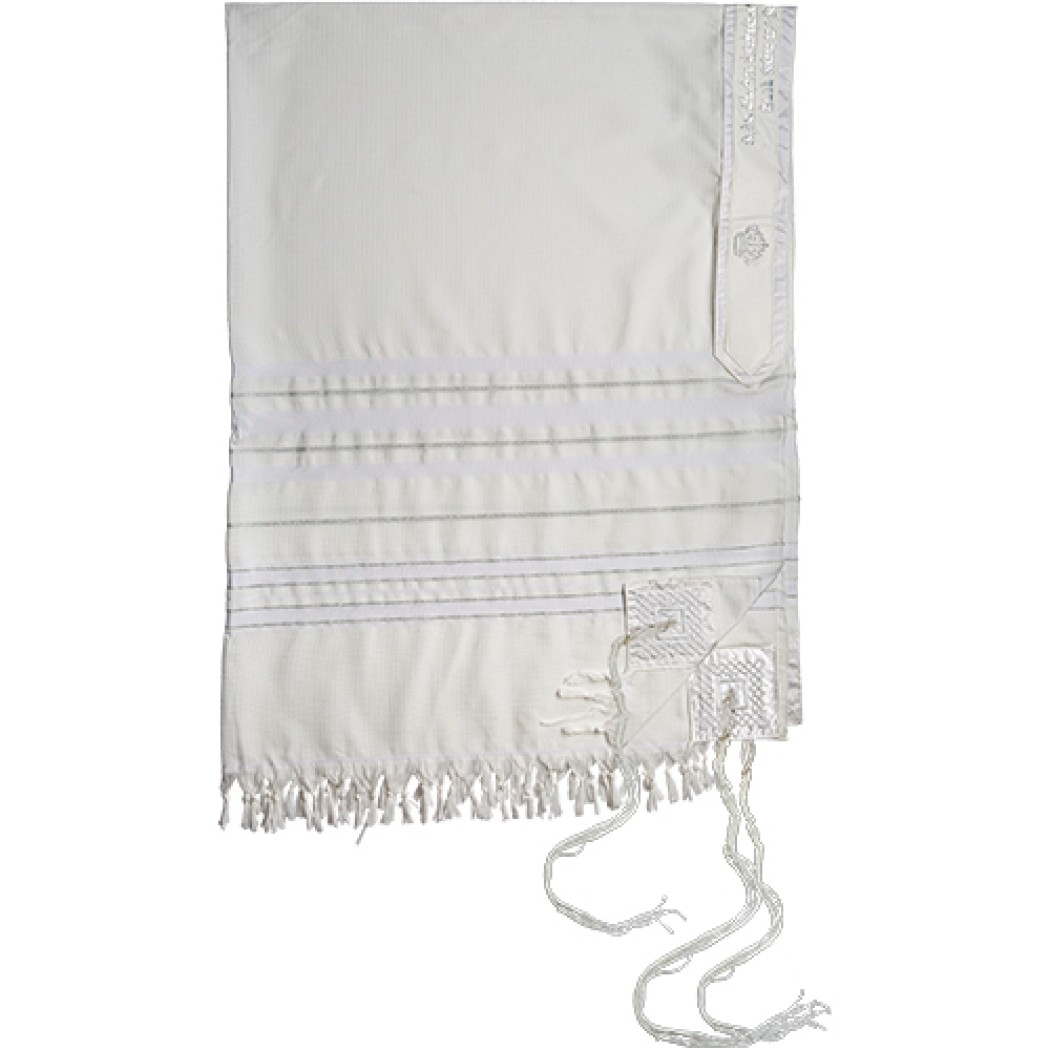 טלית "מופת" חתנים גודל 60 - 185x140 ס"מ פסים כסף עם עטרה